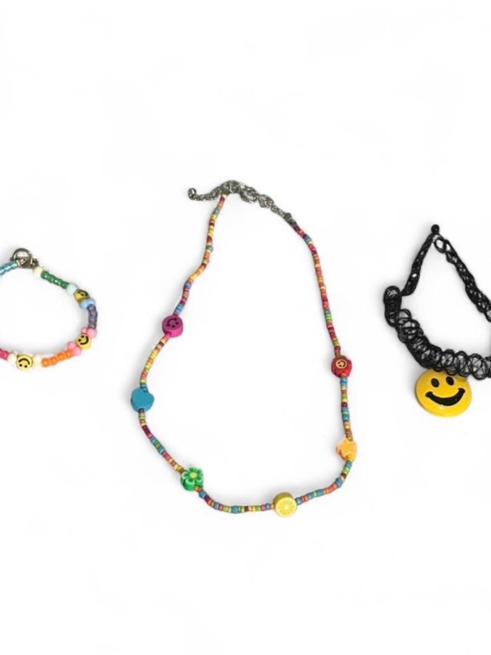 Colorful Beaded Necklace, Bracelet and Choker with Smile & Flower Charms